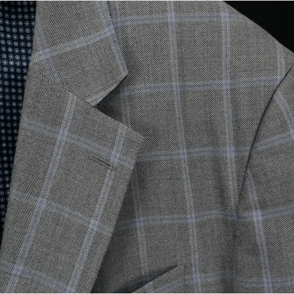 Oak Hill Sport Coat Silk‎ Wool Windowpane Blazer Mens 2XL 52R Grey Blue Check